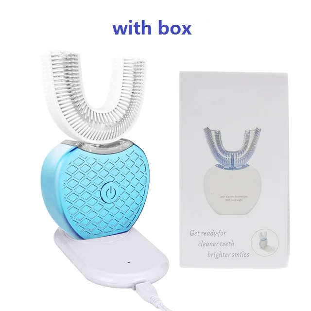 blue with box Новинка 360 градусов интеллектуальная автоматическая звуковая электрическая зубная щетка USB перезаряжаемая ультра звуковая u-форма 4 режима таймер синий свет - Цвет: blue with box