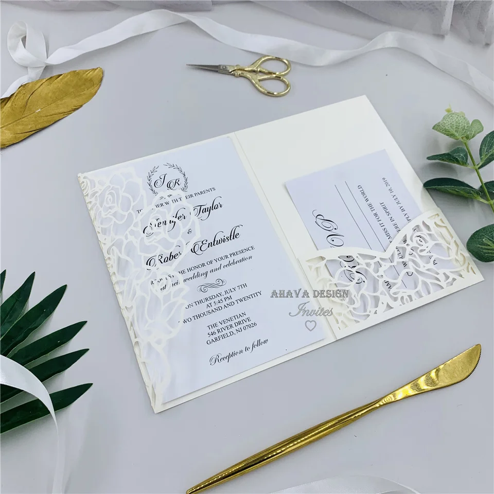 Элегантные современные цвета слоновой кости лазерная резка карман свадебные приглашения с открытка RSVP и конверт