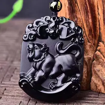 

NATURAL BLACK OBSIDIAN PENDANT CARVED CHINESE ZODIAC TIGER PENDANT BEAD NECKLACE LUCKY AMULET MEN WOMEN'S JEWELRY