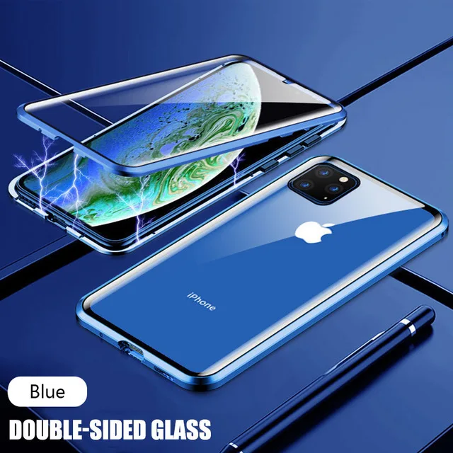 Luxury Phone Case For IPhone X XR XS 6 6S 7 8 11 12 13 Plus Mini SE Pro MAX 2020 360 Double Glass Shell Magnetic Adsorption Case Blue