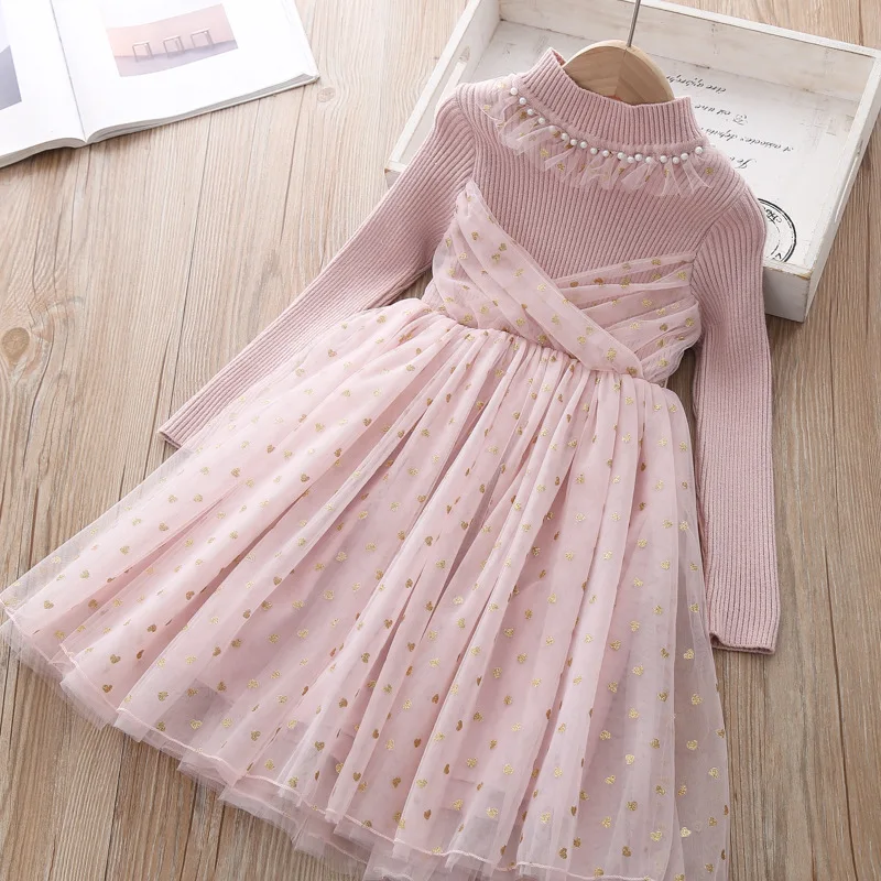 Милое вязаное платье-свитер для девочек; детское шикарное комбинированное Сетчатое платье; сезон осень-зима; стильное детское платье принцессы «Супер феи» - Цвет: Розовый