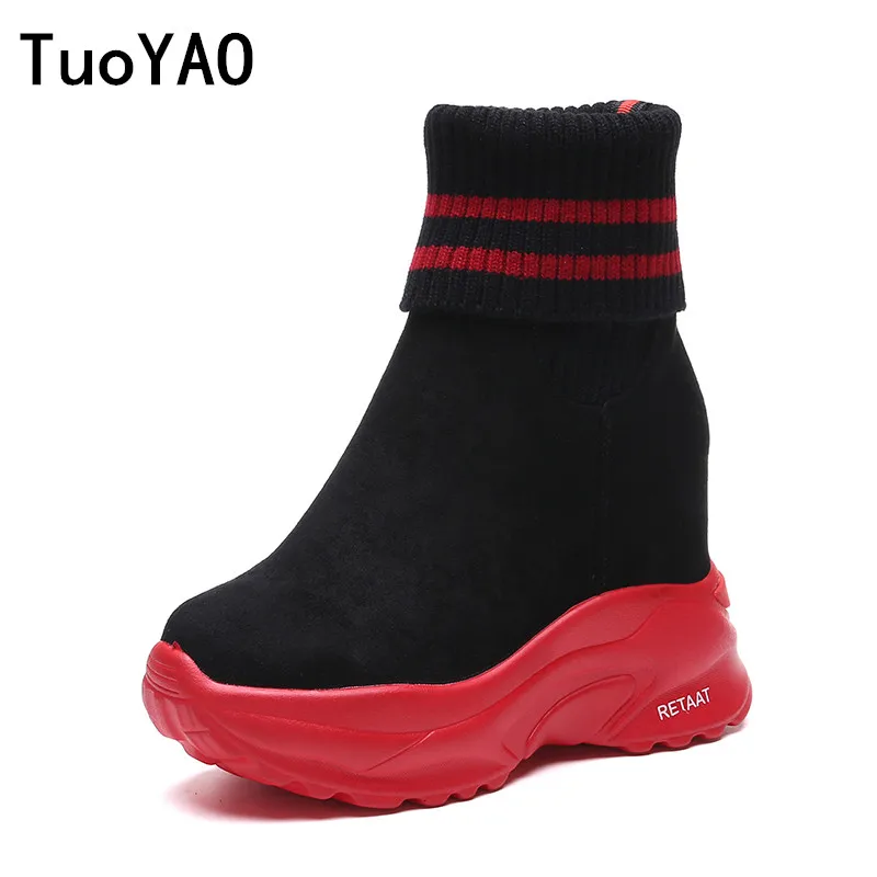 

New Winter Platform Women Ankle Boots Female Non Slip Sneakers Shoe 10CM Wedge Heels Sock Boots Autumn Flock Short Boots Woman