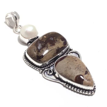 

Genuine Dragon Stone + Pearl Pendant Silver Overlay over Copper, Hand made Women Jewelry gift, P9077