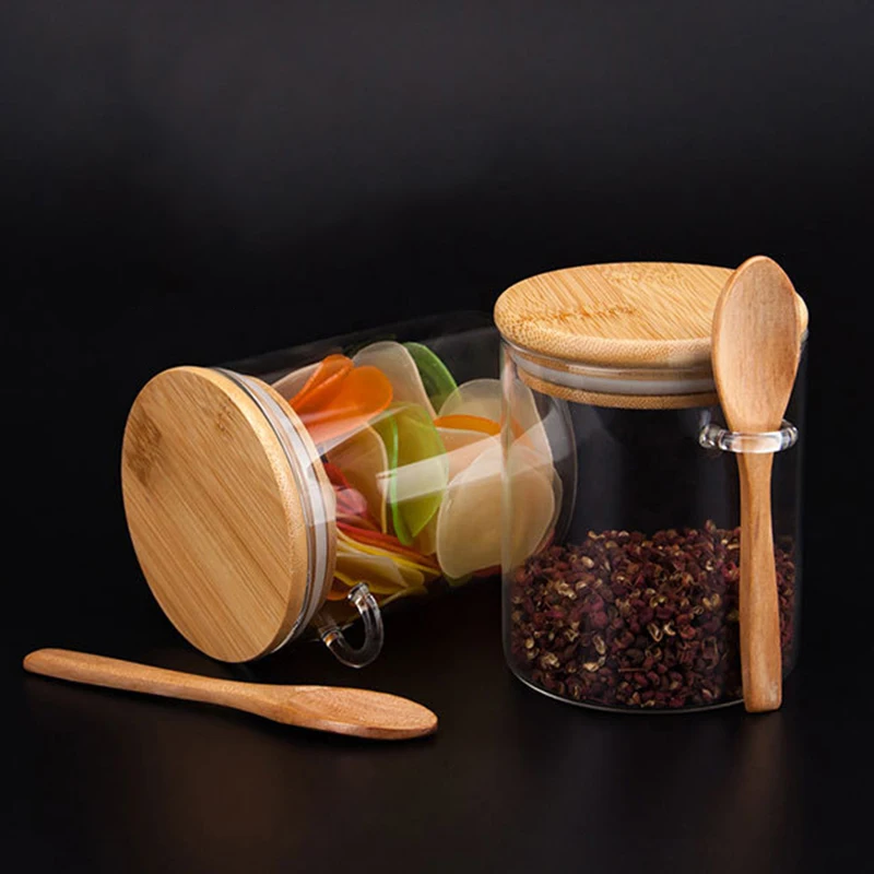 CSS стеклянная пищевая Герметичная канистра-Кастор с деревянной поворотной крышкой, кухонный бак для хранения конфет, бамбуковый контейнер для пищи с деревянной ложкой