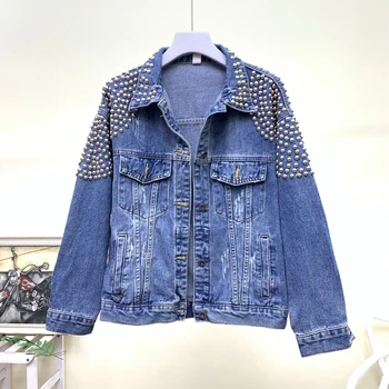 

Women 2019 Autumn Hand Rivet Studded Denim Jacket Loose Outwear Female New Students Casual Jeans Coats 2073