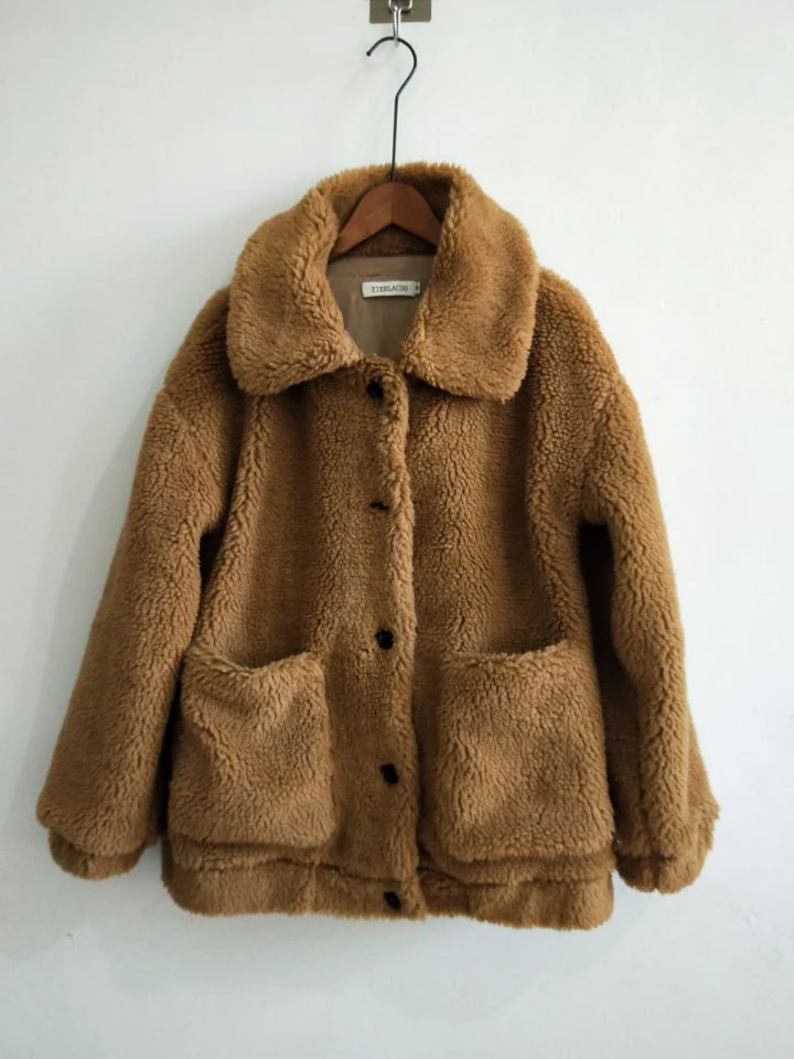 Женское пальто из искусственного меха на осень и зиму, пушистая плюшевая куртка, пальто размера плюс, верхняя одежда, короткое пальто с отложным воротником, Женское пальто с рукавом - Цвет: Хаки