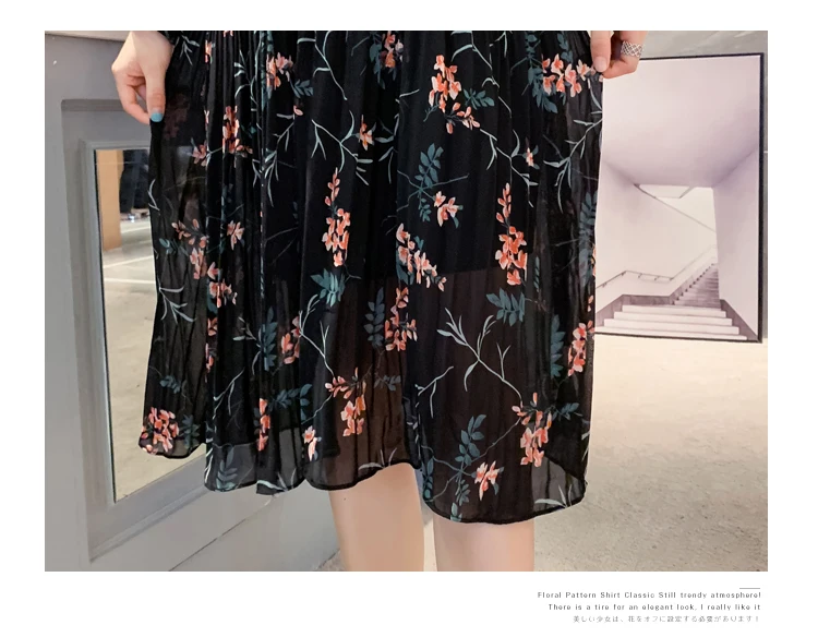 Корейский стиль; сезон осень-весна Для женщин миди платье с воротником-стойкой, цвета: абрикосовый, черный, Femininos Vestidos в складку, с цветочным рисунком шифоновые платья