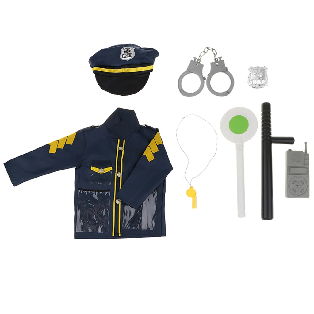 9Pcs Police Officer Occupations Toy Set, Megaphone Siren Sounds Uniform Hat Handcuff Props Toys Kit for Policeman Role Play