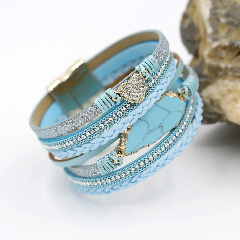 VONNOR браслеты для женщин модные плетеные кожаные богемные обхватываемый браслет с камнями сердце горный хрусталь женские ювелирные изделия