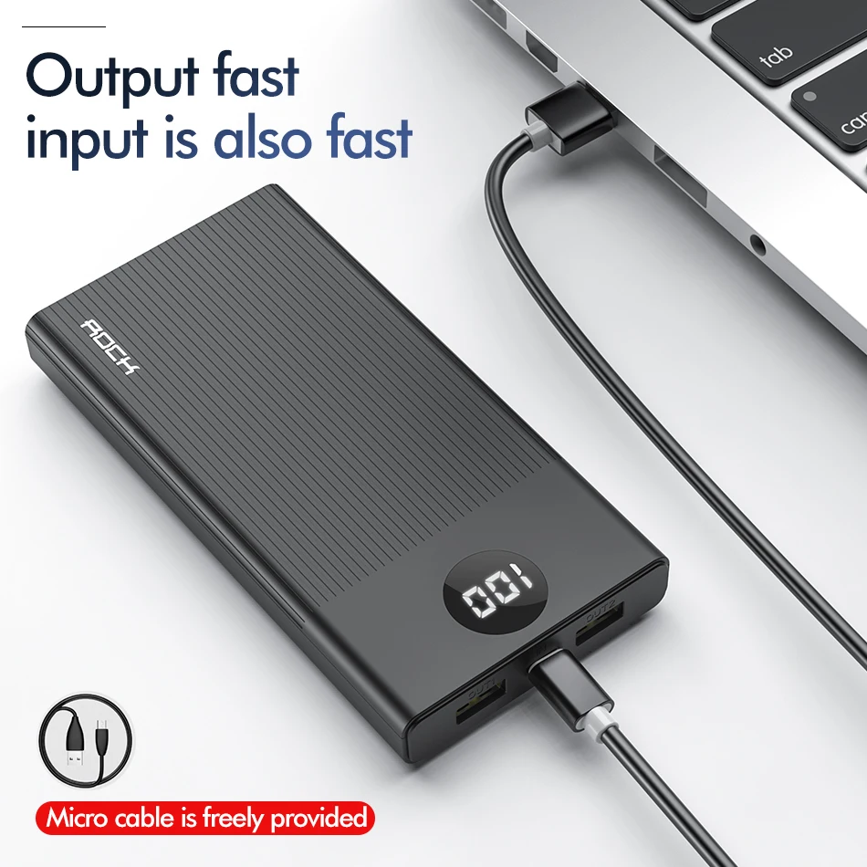 ROCK 10000mAh Power Bank Fast Charge Powerbank For Xiaomi Mi9 8 iPhone11 Led Display Poverbank Portable External Battery Charger