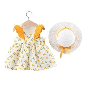 

2020 Summer New Little Wings Cherry Print BABY Girl Dress Sling Princess Dress With Hat Cotton Soft and Comfortable
