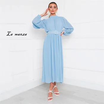 

New Arrival Casual Women Striped Maxi Dress Elegant O-neck Lantern Sleeves Sashes Slim Dress