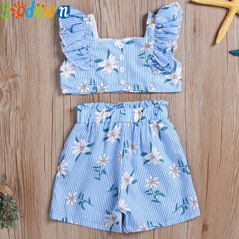 

Sodawn Kids Clothing Sets Flowers Cute Sling + Shorts 2Pcs Kids Clothes Suit Children Dress Costume For girls