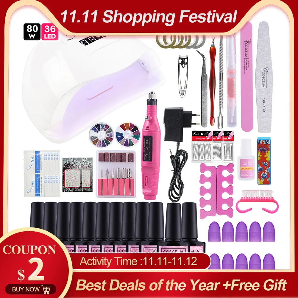 

Manicure Set Nail Gel Polish Kit Nail Lamp Dryer US/EU Plug With Soak Off Varnish Extension Set For Manicure Nail Art Tool Kit