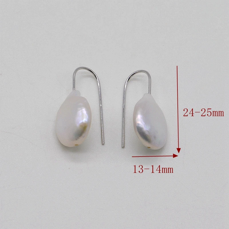Short pearl earrings. Natural white coin baroque pearl. 925 sterling silver hook. Women's pearl earrings, simple style
