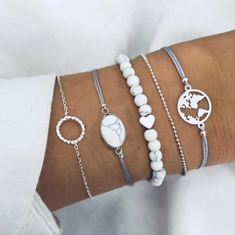 

Fashion Bangle Heart Map Bead Bracelets Women Charm Party Jewelry Accessories