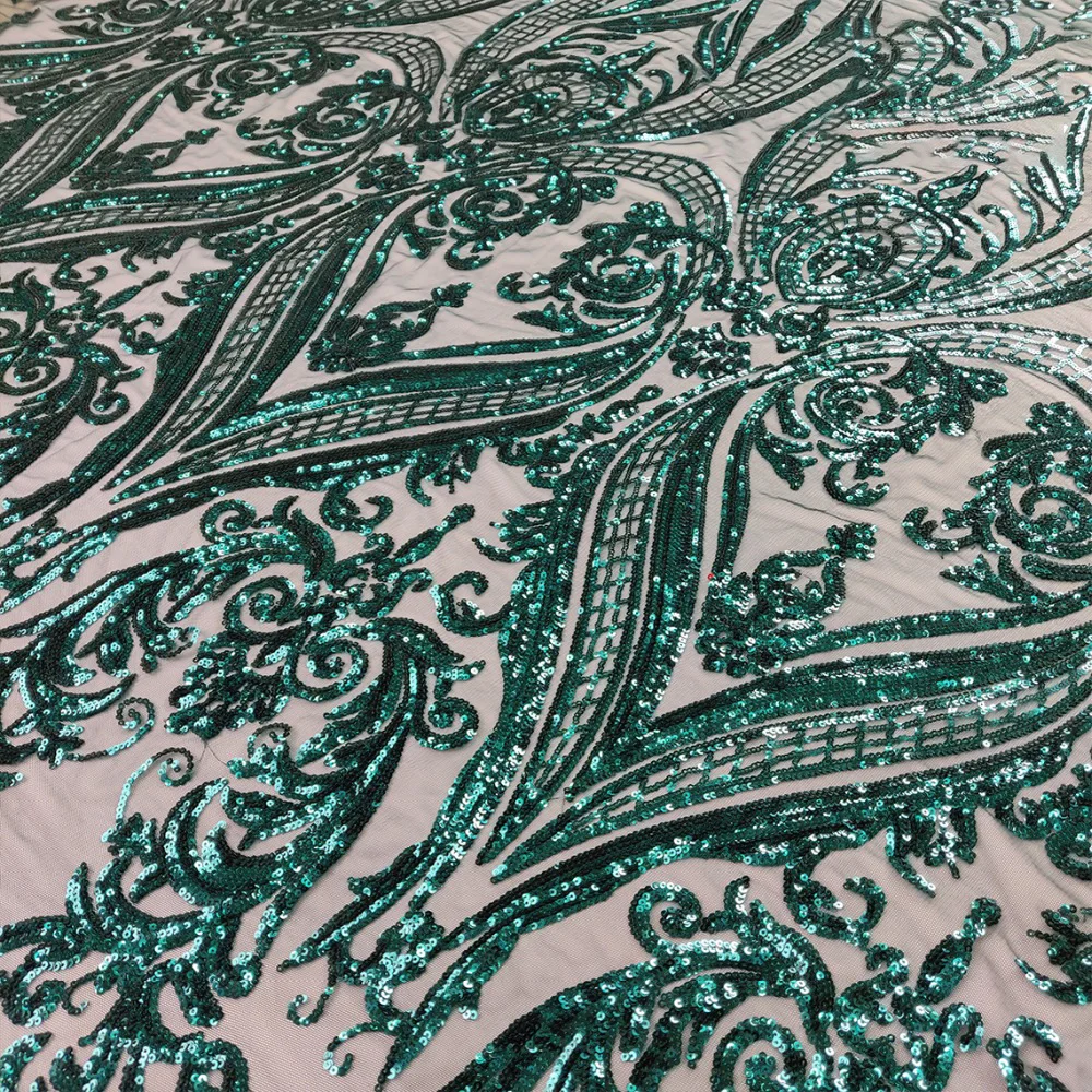 Elegant Rose Red and Dark Green Glitter Lace Fabric