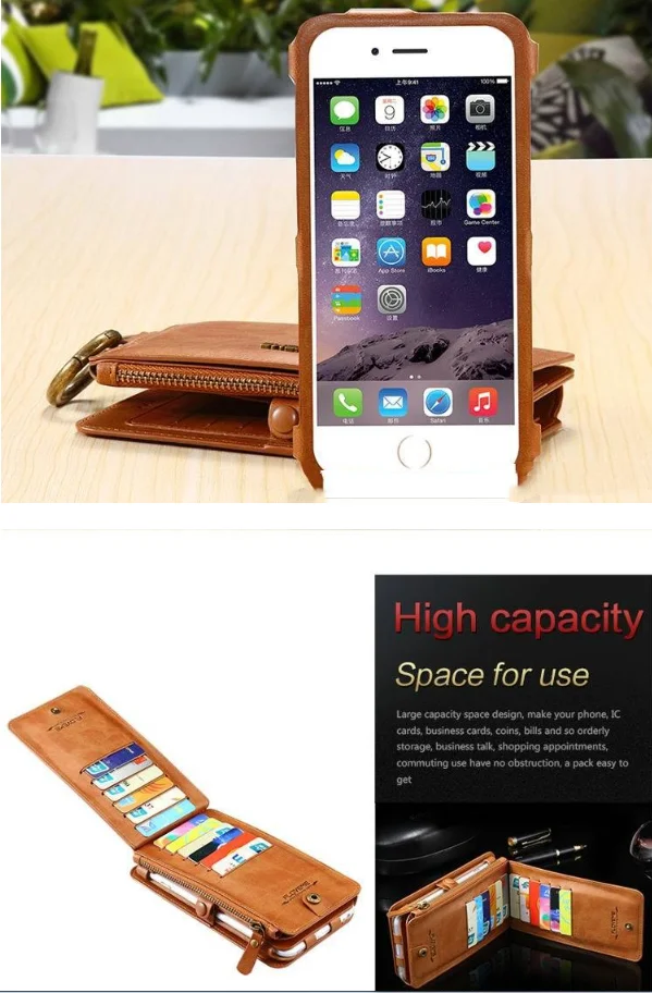 Кожаный чехол-кошелек на молнии для iPhone 5 SE 6 6s 7 8 Plus X XS Max XR со съемным деловым многофункциональным телефоном