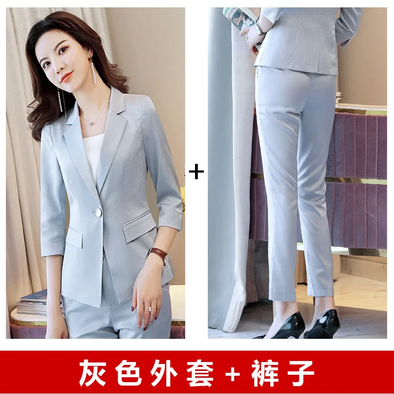 grey(coat and pant) Официальная одежда для девушек, деловые брючные костюмы, униформа для офиса, однобортный пиджак, женские брюки, наборы блейзеров, женские пальто из двух частей - Цвет: grey(coat and pant)