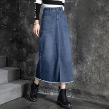 TIYIHAILEY Free Shipping 2021 New Fashion High Waist XS-3XL Long Mid-Calf A-line Skirts With Pockets Women Blue Black Slit
