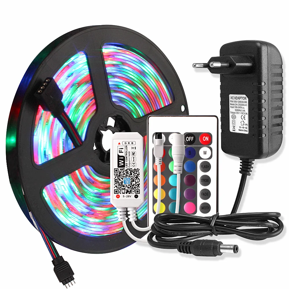 buy WIFI LED Strip Waterproof 2835 5M RGB Tape Tira LED Strip 220V Neon Ribbon Light + 24Key Remote Controller 12V Power Adapter Set