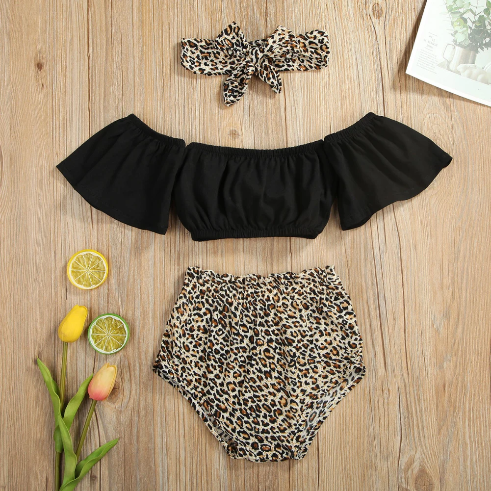 Baby Summer Clothing Infant Baby Girl Clothes Off-Shoulder Tops Vest Leopard Shorts Headband 3PCS Outfits Set 0-18M