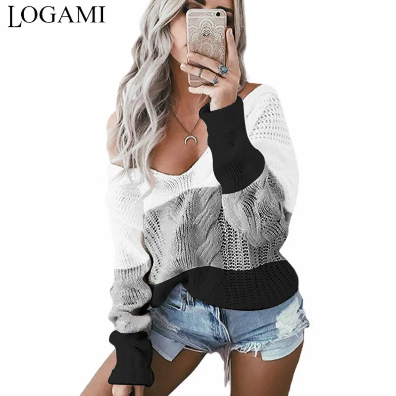 

LOGAMI V Neck Patchwork Loose Sweater and Pullover Women Autumn Winter Twist Knit Jumpers Ladies Pullovers