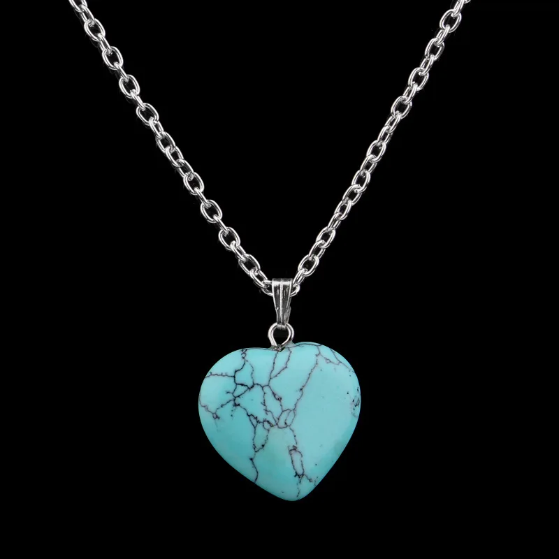 Turquoise Heart Натуральный Любовь Сердце ожерелье s& Подвески для влюбленных женщин девушек драгоценный камень каменный розовый кварц белый кристалл колье с целебным кулоном Шарм ювелирные изделия - Окраска металла: Turquoise Heart
