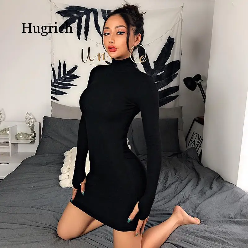 

Turtleneck Long Sleeve Skinny Minimalist Autumn Knitted Casual Basic Mini Dress 8 Colors Elegant Party Slim Dress