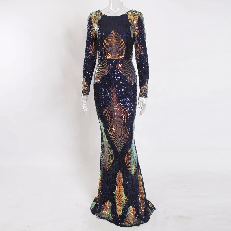 

Multicolor Stretchy Sequin Party Dress Long Sleeve O Neck Bodycon Floor Length Full Lining Open Back Geometric Club Dress