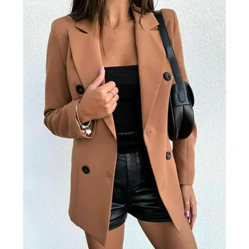 

2020 Women Red Black Camel Double Breasted Blazer Suit Autumn Long Sleeve Turn Down Collar Button OL Blazer Business Work Coats