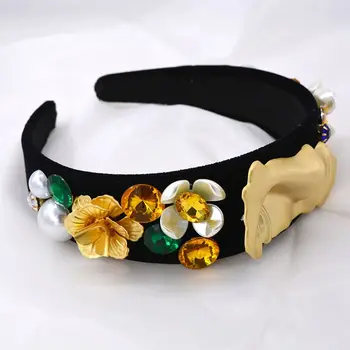 

French Style Women Wide Headband Metal Abstract Golden Human Face Hair Hoop Jewelry Imitation Pearl Floral Drill Bandana