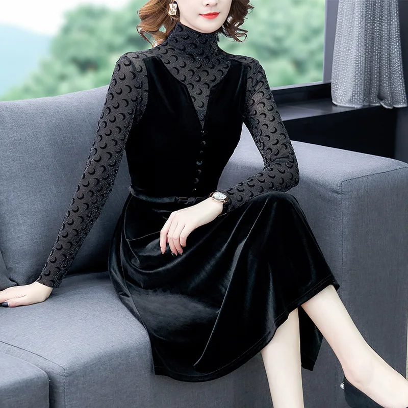 

2020 Black And White with Pattern Velvet Dress Women's Long Sleeve Autumn High Collar Waist Hugging Slimming Mid-length Base A-