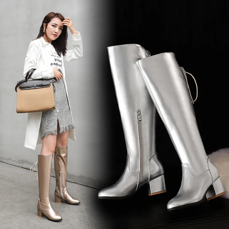 ESRFIYFE New Woman Rubber Boots Square Heels Knee-High Round Toe Boots PU Leather Zip Boots Ladies Party Dress Dance Shoes