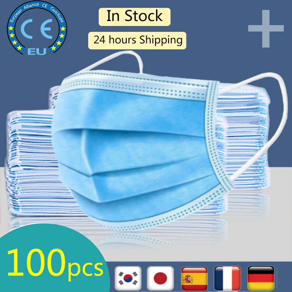 

100pcs Disposable Face Mouth Mask 3 Layer Non-Woven Breathable Anti Flu dust pollution Facial Protective Cover Masks with CE