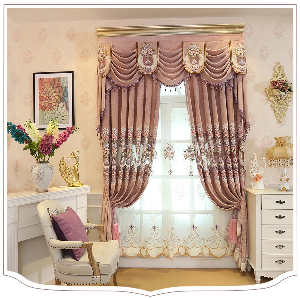Pink High-end Curtains for Living Room Blue Peony Embroidery Chenille Luxury European Jacquard Floral Window Treatment Drapes
