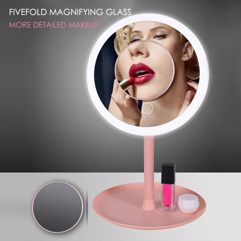 Зеркало для макияжа светодиодный светильник 5X Увеличительное регулируемое настольное зеркало для макияжа винтажное розовое мини складное косметическое зеркало JJA11893-3
