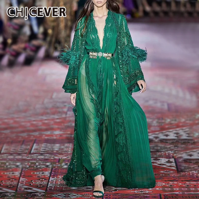 CHICEVER Patchwork Lace Tassel Women Dresses V Neck Long Sleeve High Waist Ruched Perspective Dress Female 2020 Fashion Tide | Женская