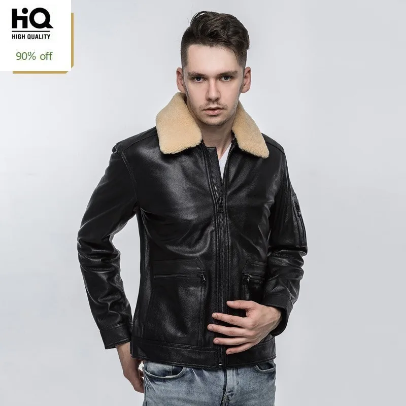 

Top Quality Mens Air Force Pilot Sheepskin Genuine Leather Jacket Slim Fit Sheep Fur Collar Padded Coat Chaqueta Motor Hombre