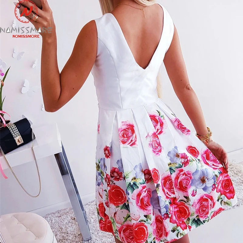 Женское летнее платье трапециевидной формы с цветочным принтом, модное мини-платье без рукавов с круглым вырезом/v-образным вырезом, элегантные вечерние платья для девушек