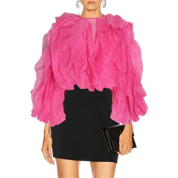 

Women Ruffles Blouse Oversize Loose Sweet Mesh Shirt Tops