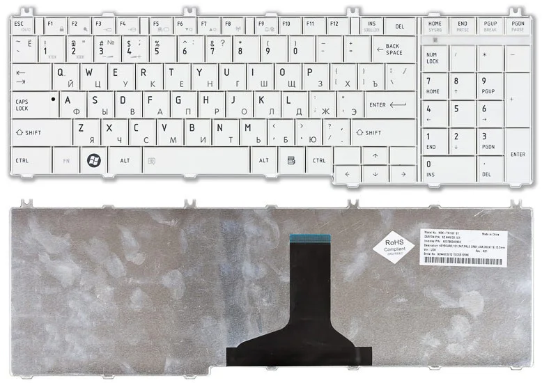 Клавиатура для Toshiba Satellite C650 C660 L650 L670 L750 L750D L755 L775 Series Русская Белая p/n: NSK-TN10V 01 |