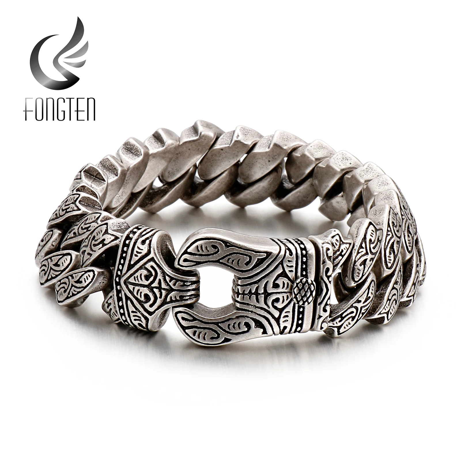 Fongten Vintage Style Bracelet Men’s Unique Carving Cuban Link Chain Stainless Steel Men Bracelets Bangle Fashion Jewelry