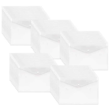 

50Pcs Poly Envelope, Clear Plastic Waterproof Envelope Folder with Button Closure, Letter Project Envelope Folder A4 Size