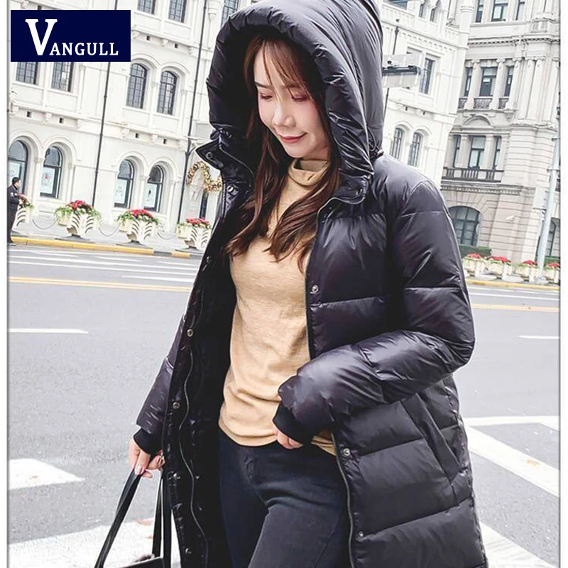 Ceny Vangull błyszczący dół bawełny kurtka watowana zimowe ciepłe długie płaszcze z kapturem 2019 jesień stałe zagęścić błyszczące kobiety odzież wierzchnia
