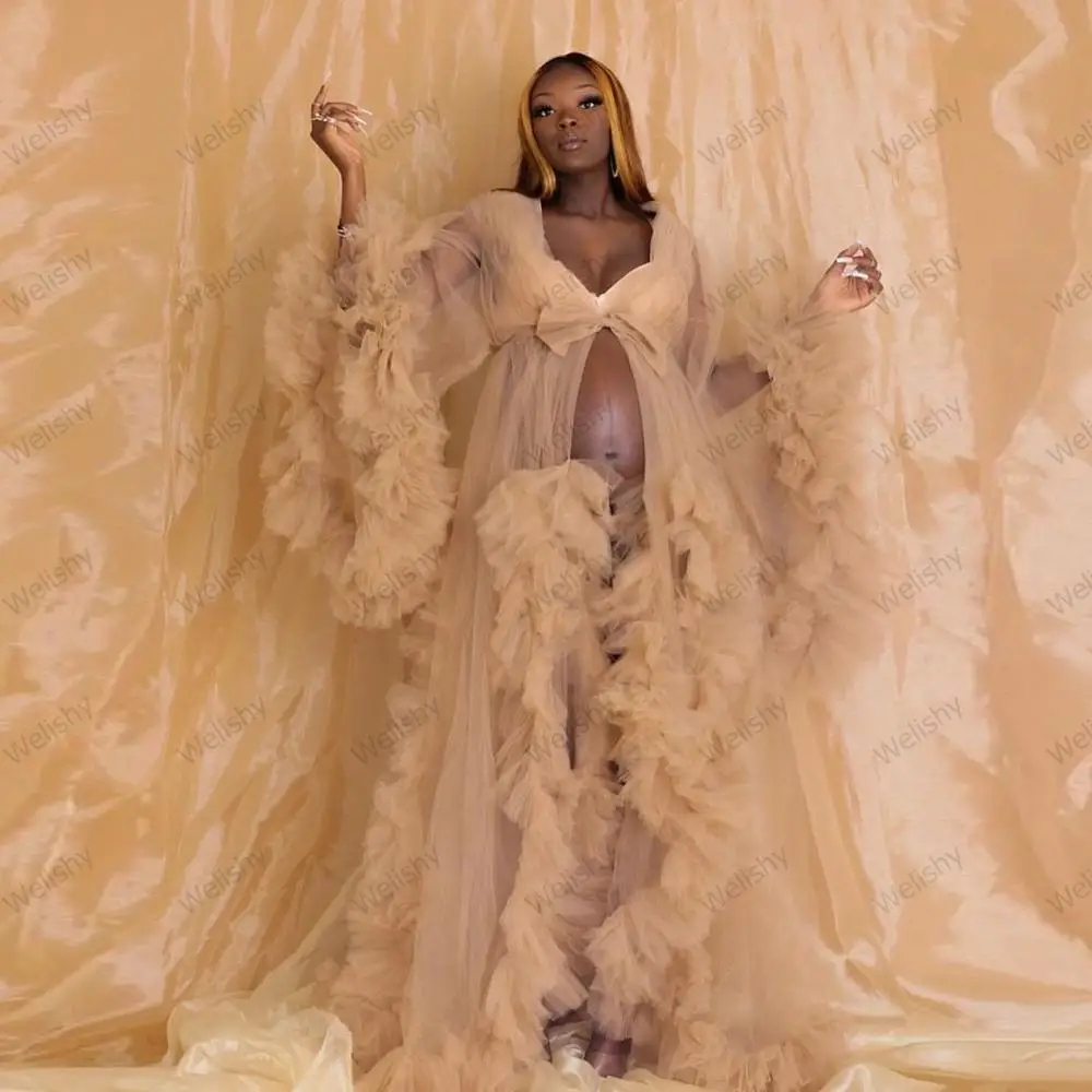 Champagne Maternity Tulle Dresses Women Puffy Long Robes Formal Evening Party Robes Photo Shoot Ball Gown Robe De Soiree