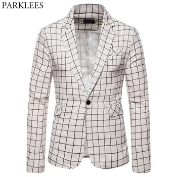 

Men's Stylish Glen Plaid White Blazer Jacket 2019 Brand New One Button Peak Lapel Mens Blazers Business Casual Blazer Masculino