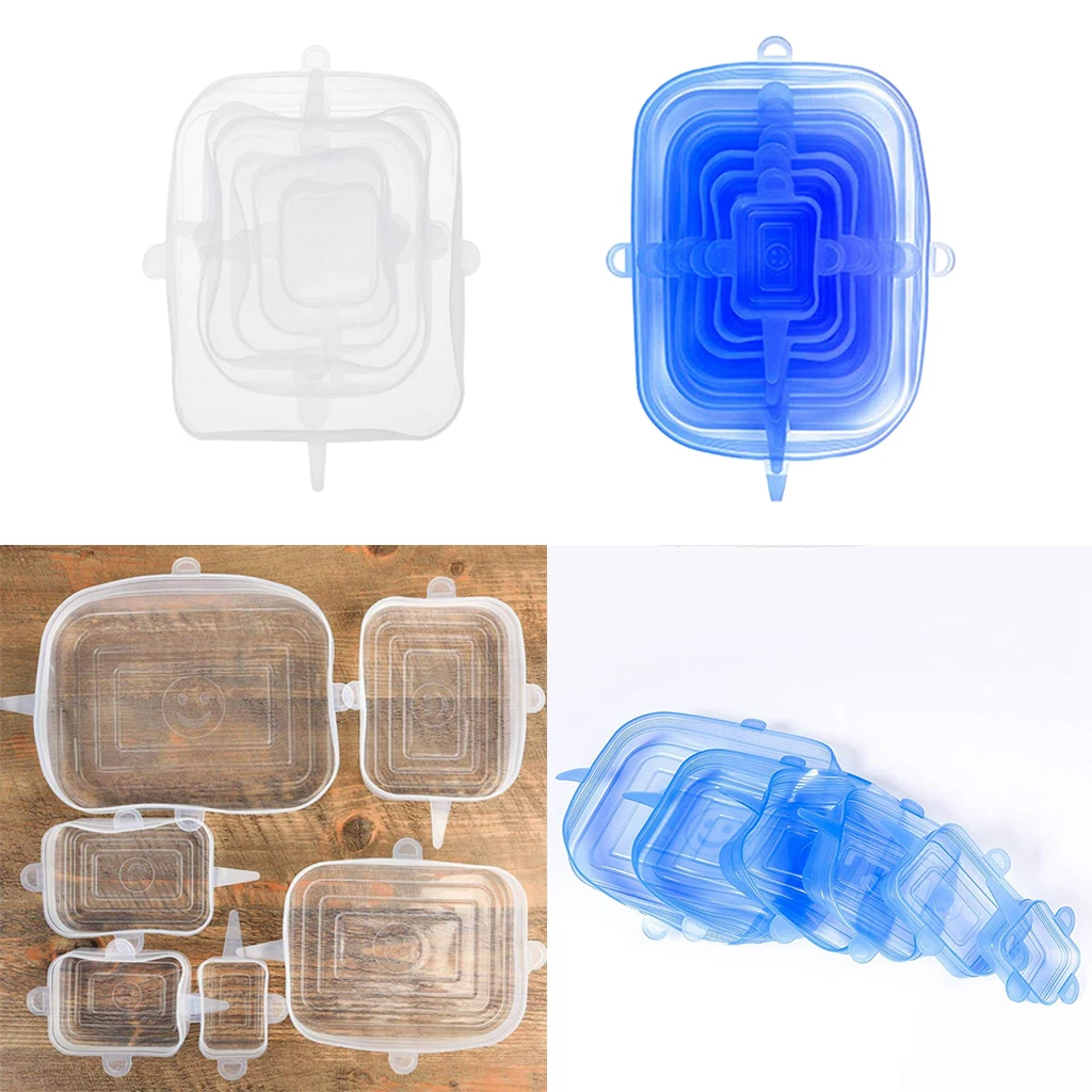 6pcs/Set Reusable Blue Silicone Food Covers Stretch Bowl Wraps Lids Universal