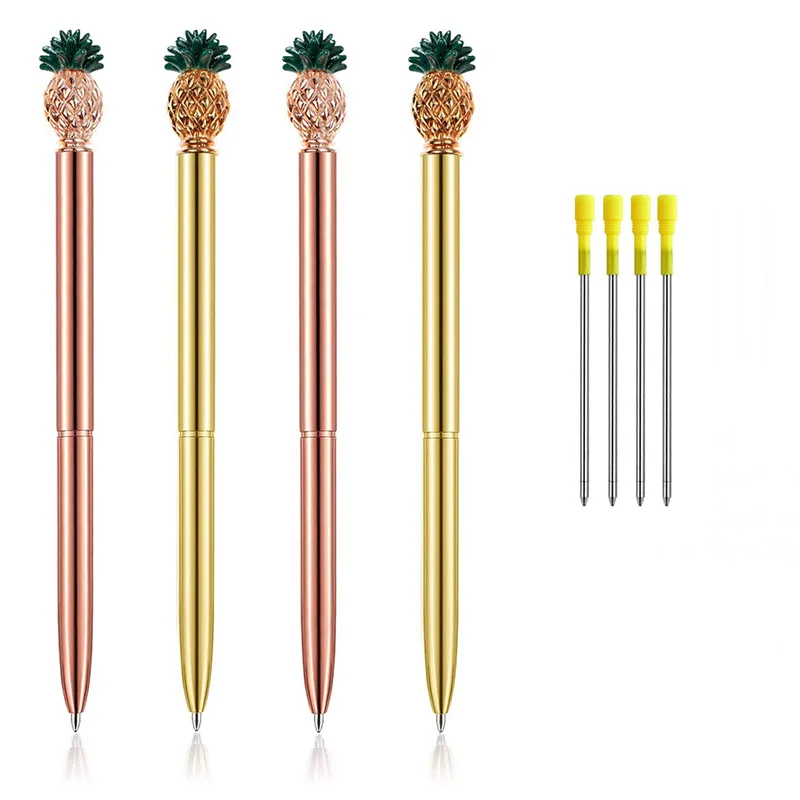 

Pineapple Pens Ballpoint Pens with Green Leaf,Bling Metal Pens with 4 Black Ink Refills(4PCS)