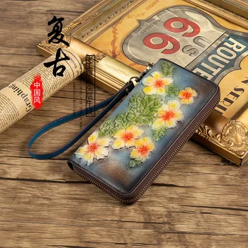 

Genuine Leather Women's Long Wallets Vintage Embossed Purse Fashion Retro Ladies Large Capacity Flowers Handmade Clutch Bag